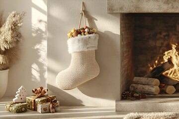 christmas stocking with gifts and decorations hanging by the fireplace