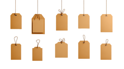 Set of ten blank tags hanging from twine, ideal for labeling, gift wrapping, and diy projects