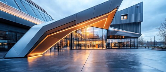 Obraz premium Modern building with large glass windows and geometric design.