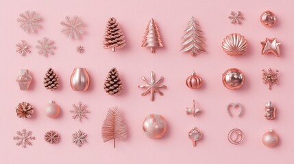 A pink background with a variety of gold colored ornaments