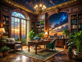 Fototapeta premium Luxurious Home Office with Vintage Charm in Surreal Photography Style