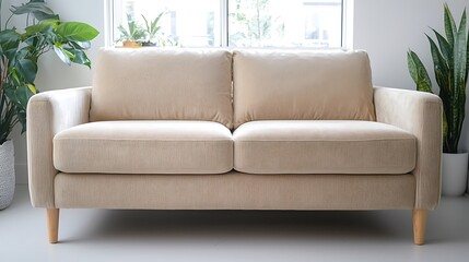 Modern comfortable beige sofa in bright room surrounded by lush green plants for cozy living space enhancement