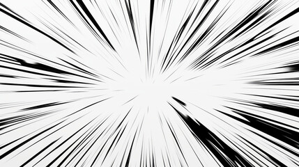Fototapeta premium Dynamic radial speed lines bursting from a central point, creating a dramatic effect in black and white illustration, commonly used in manga and comic art to convey motion and impact.