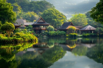 Obraz premium Tranquil Asian Village Houses Reflected in a Serene Pond