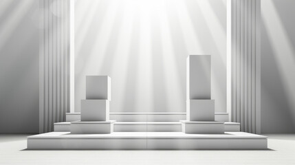 A brilliant white podium surrounded by radiant beams of light creates a heavenly and divine aura, perfect for spiritual or transcendent events and ceremonies.