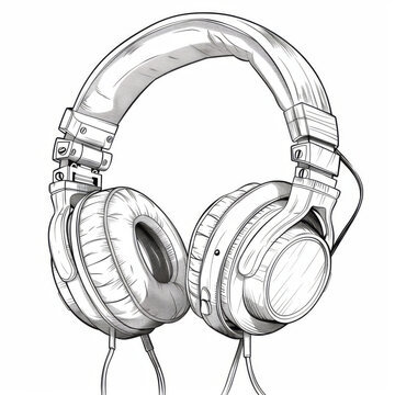 recommend clip art: Beautiful headphones outline illustration , Black and white drawing on white background 