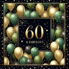 A vibrant celebration design featuring green and gold balloons for a 60th birthday party.