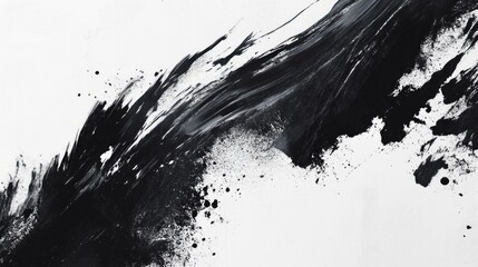 A black and white painting of a wave with splatters of paint