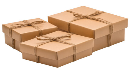 Fototapeta premium Three rustic brown gift boxes wrapped with twine, perfect for birthdays, holidays or special occasions