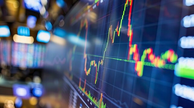 Stock market and trading graph on a blue screen of a monitor which is indicating a High spike in market, investment graph