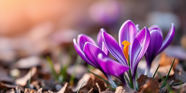Shallow depth of field of vibrant purple crocus flower in bloom, selective focus, flower