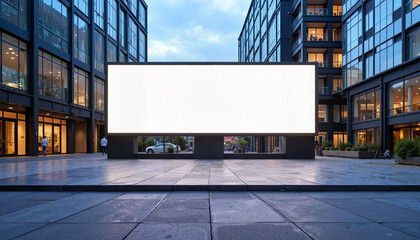 Obraz premium street banner mockup PSD. Empty billboard in a contemporary urban courtyard at twilight with copy space for advertising