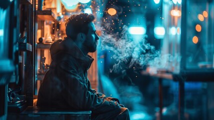 Fototapeta premium Man exhaling vapor in urban neon-lit setting at night