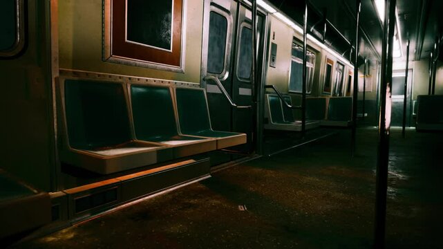 An empty train car is shown at night