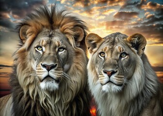 Fototapeta premium Majestic Lion Portraits: Kings of the Savanna and Their Brotherhood