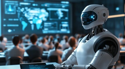 future classroom with students powered by AI, integrating human and robots knowledge, high tech, ultra modern