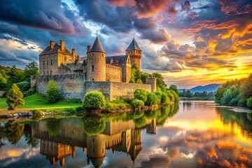Obraz premium Majestic Medieval Fortress on a River - Imposing Stone Castle Surrounded by Water