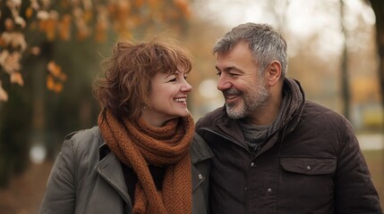 Fototapeta premium Happy middle aged couple bonding in nature, enjoying leisure time together at the park outdoors