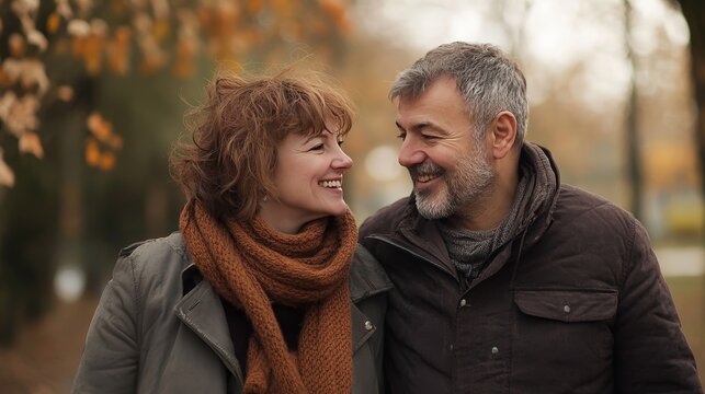 Happy middle aged couple bonding in nature, enjoying leisure time together at the park outdoors - Powered by Adobe
