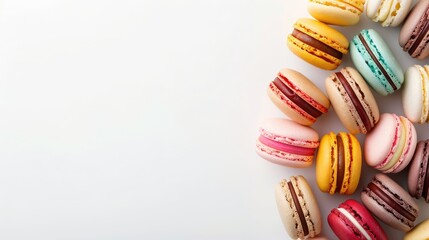 Assorted multicolored macaroons on white background with space for text