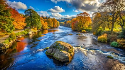 Majestic River Wharfe in Autumn: Big Rock Resilient Against Blue Stream Current Near Ilkley