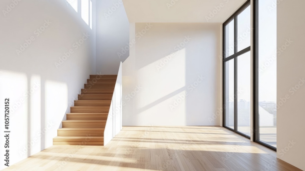 Poster a large, empty room with a staircase leading up to it