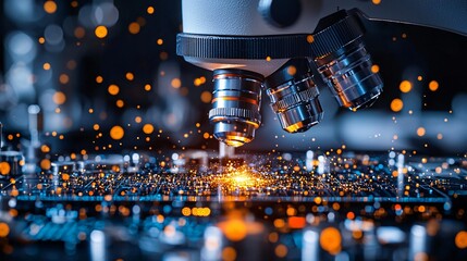 Close-up of a scientist analyzing a sample under an electronic microscope in a high-tech lab, with data displayed on a digital interface. Industrial, realistic quality.