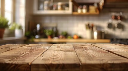 Wooden table with blurry kitchen interior background