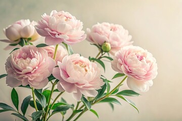 Soft pastel pink peonies in full bloom against a creamy white background with delicate green stems and leaves., botanical, elegant, garden, nature