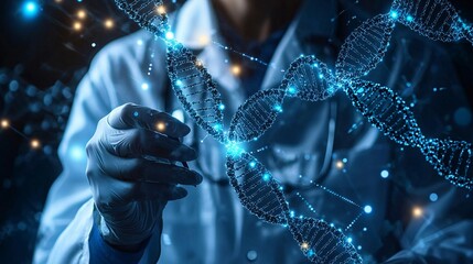 Close-up of a scientist reviewing genetic test data on a high-tech interface in a lab. Realistic photo style, industrial quality.