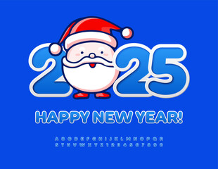 Vector cute Greeting Card Happy New Year 2025 with funny Santa Claus! Creative Blue Font. Sticker style Alphabet Letters and Numbers set.