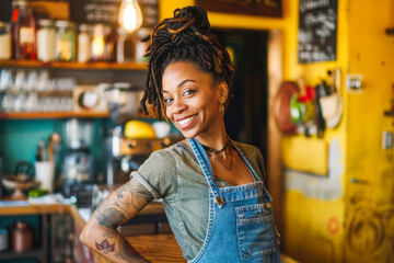 Smiling barista, black woman with dreadlocks and tattoos, in trendy cafe setting with bright decor and warm atmosphere