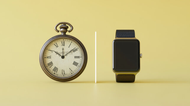 classic pocket watch and modern smartwatch are displayed side by side, showcasing contrast between traditional and contemporary timekeeping. This highlights evolution of timepieces