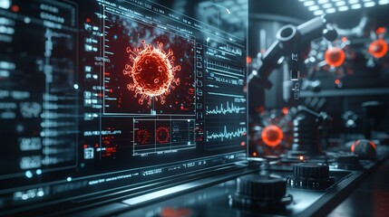 Obraz premium Close-up of molecular diagnostics displayed on a futuristic medical interface in a laboratory. 3D-rendered, high quality.