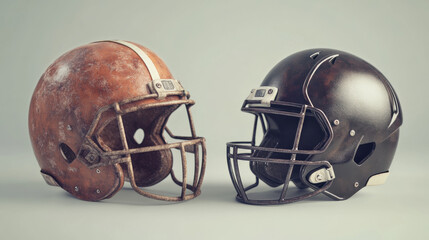 Fototapeta premium classic weathered leather football helmet alongside modern black helmet showcases evolution of football gear. contrast highlights rich history and advancements in design
