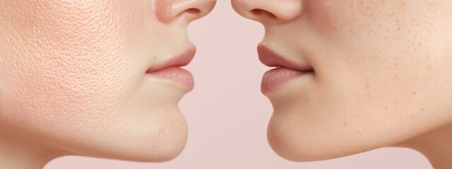 Obraz premium Before and after comparison of woman lips and skin for beauty treatment and cosmetology concept, minimalistic aesthetic composition