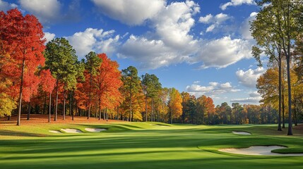 A golf course with a green grassy field and a few trees