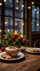 Fototapeta premium Holiday Hot Chocolate Scene, Cinnamon and Cookies, Architectural design using natural materials for sustainability. Coffee shop. Hotel. Lobby. Business. Eco friendly.