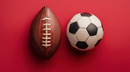 old leather football and modern streamlined soccer ball are displayed on vibrant red background, showcasing evolution of sports equipment