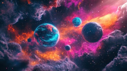 A vibrant abstract representation of planets orbiting in a distant galaxy with colorful nebulae and stars in the background