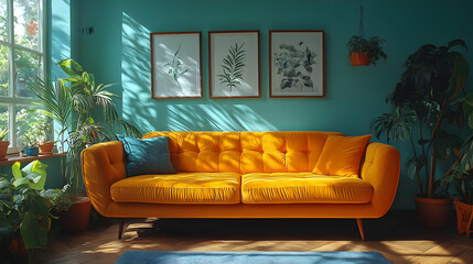 Yellow Sofa in a Living Room with Green Plants Illustration