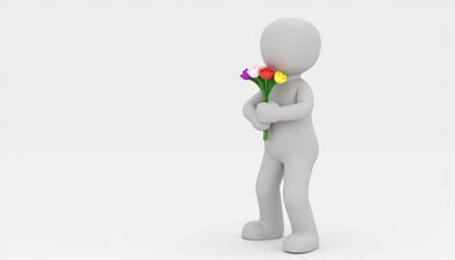 3D stick figure character with bouquet for kindness themes, ideal for special occasions visuals or celebrations with copy space