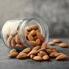 A glass jar spills fresh almonds on a gray stone surface, showcasing their natural texture.