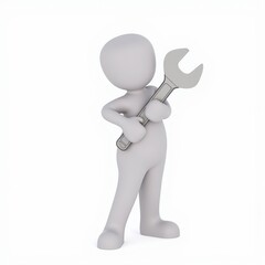 3D Stick Figure Character Holding a Giant Wrench, Minimalist White Design, Perfect for Maintenance and Repair Services, with Copy Space for Branding or Info