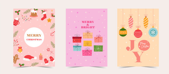 Hand drawn vector abstract fun Merry Christmas time cartoon illustrations greeting cards template and backgrounds big collection set with gift boxes,people and Xmas tree isolated on white background