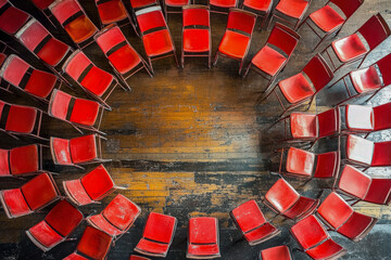 Overhead view of a circle of empty red chairs in a room