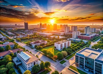 Naklejka premium Minimalist Cityscape with Sunrise and Blank Space for Text - Drone Photography