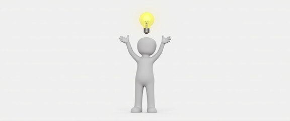 3D stick figure character embodying innovation with arms raised and a glowing light bulb, minimalist style for business and inspirational quotes, with copy space