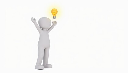 3D minimalist stick figure character with glowing light bulb, ideal for innovation and idea visuals, with copy space for inspirational quotes or business concepts