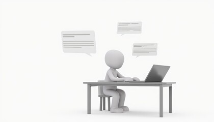 Fototapeta premium 3D stick figure programmer, minimalist white style, ideal for software development visuals, with copy space